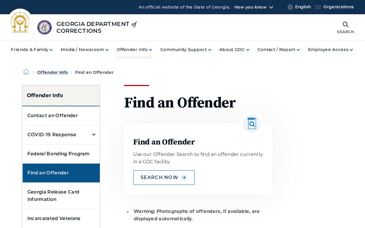 Georgia Department of Corrections Find an Offender information page