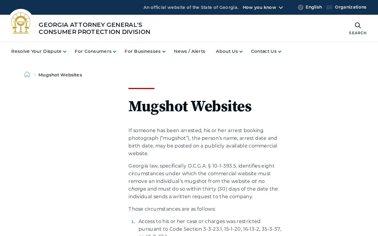 Georgia Attorney General guidance about mugshot websites