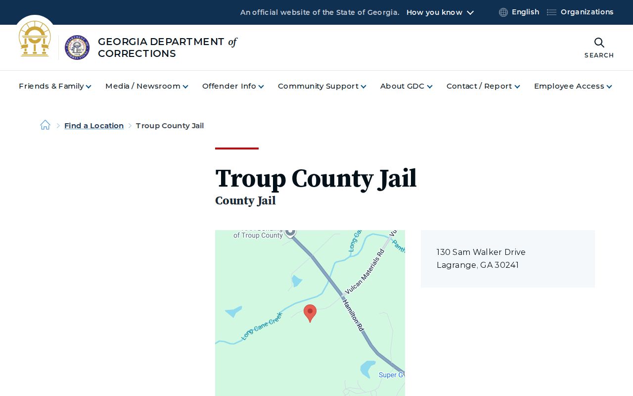 Georgia Department of Corrections location listing for Troup County Jail